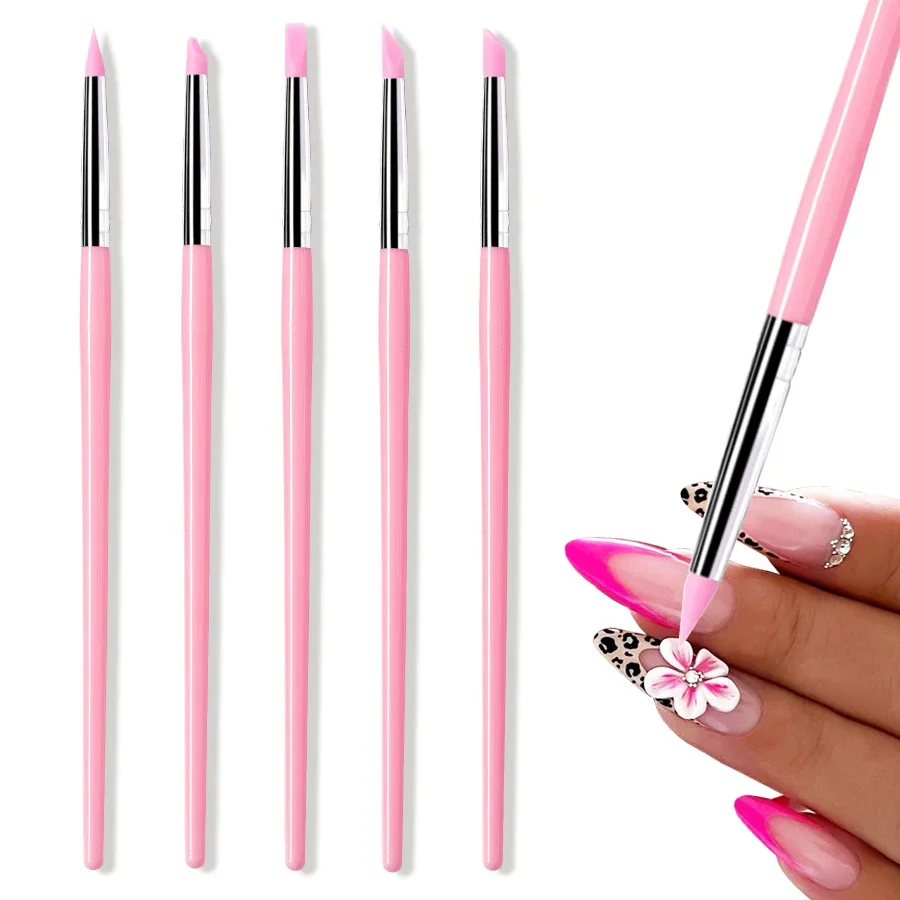 5Pcs/Set Silicone Nail Brush Carving Emboss Hollow Gel Shaping Pink Nail Art Pen DIY Dotting Manicure Tools Accessories