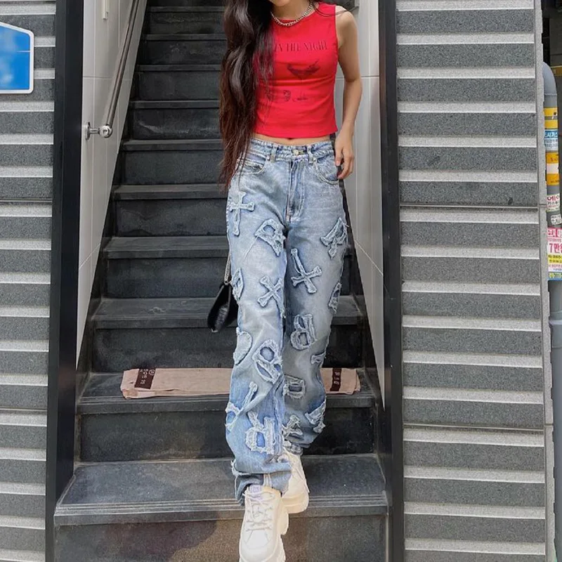 Patchwork Women\'s Jeans Y2K Streetwear Baggy Straight Cargo Pants Punk High Waist Wide Leg Denim Trousers 90s Vintage