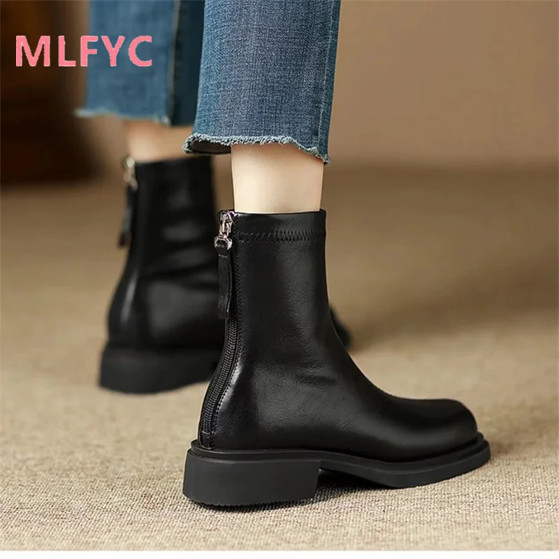 Retro Back Zipper Brown Thick Heel Short Boots Women's Spring and Autumn Single Boots Winter New Elastic Boots