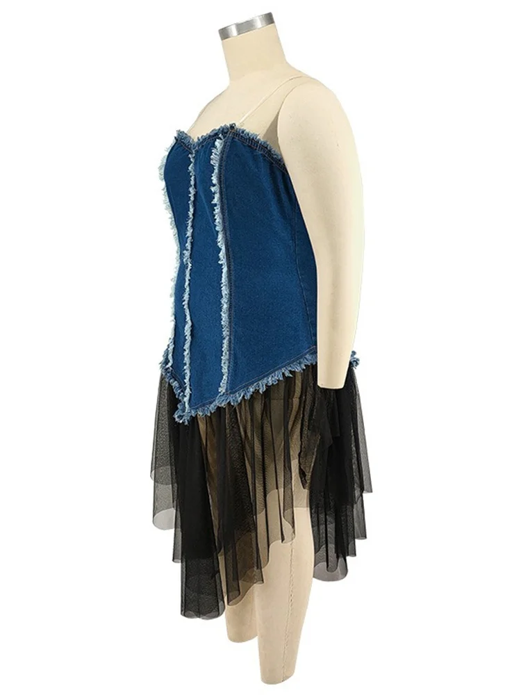 Wmstar Plus Size Denim Dresses for Women Summer Solid Sleeveless Fashion Casual Mesh Patchwork Maxi Dress Wholesale Dropshipping