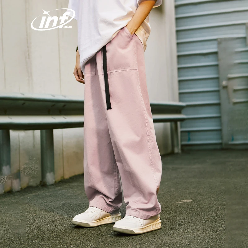 

INFLATION Pink Wide Leg Pants Mens Slacks Elastic Waist 100% Cotton Trousers Unisex Straight Leg Pants