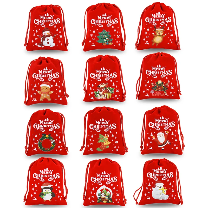 

5Pcs Christmas Gift Bag Red Velvet Jewelry Drawstring Bag Santa Candy Gifts Packing Pouch Christmas Decoration For Home New Year