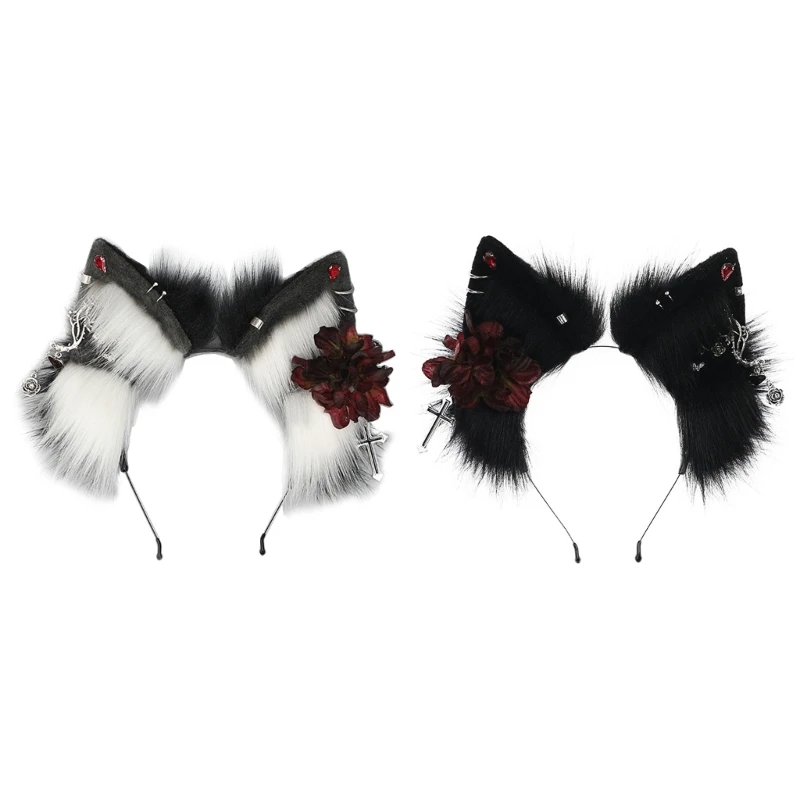 

Punk Wolf Ear Cosplay Hair Hoop with Flower&Earring Woman Teens Headband for Live Broadcast Carnivals Hairband