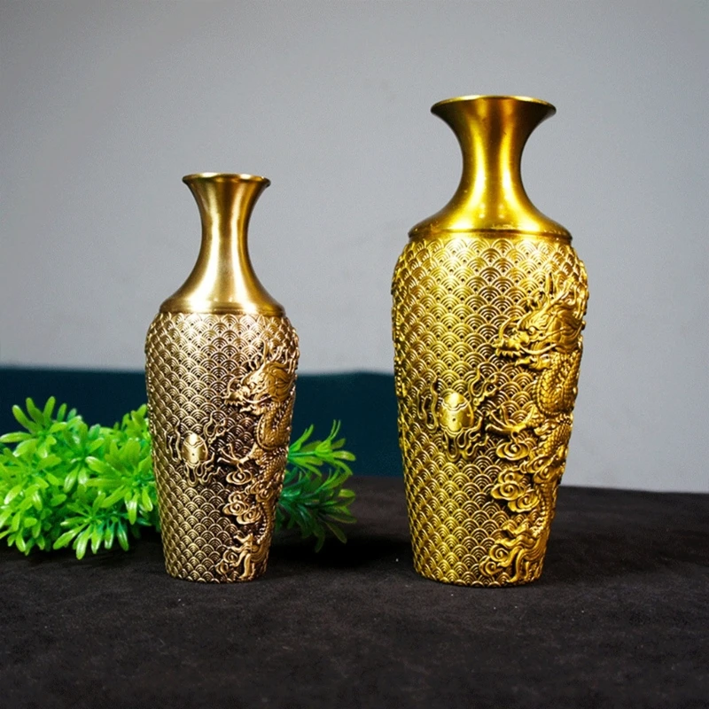 1PC Large Brass Plant Flower Vases with Ornate Dragon and Phoenixes Engravings Vases for Home Living Room or Office Decoration 3