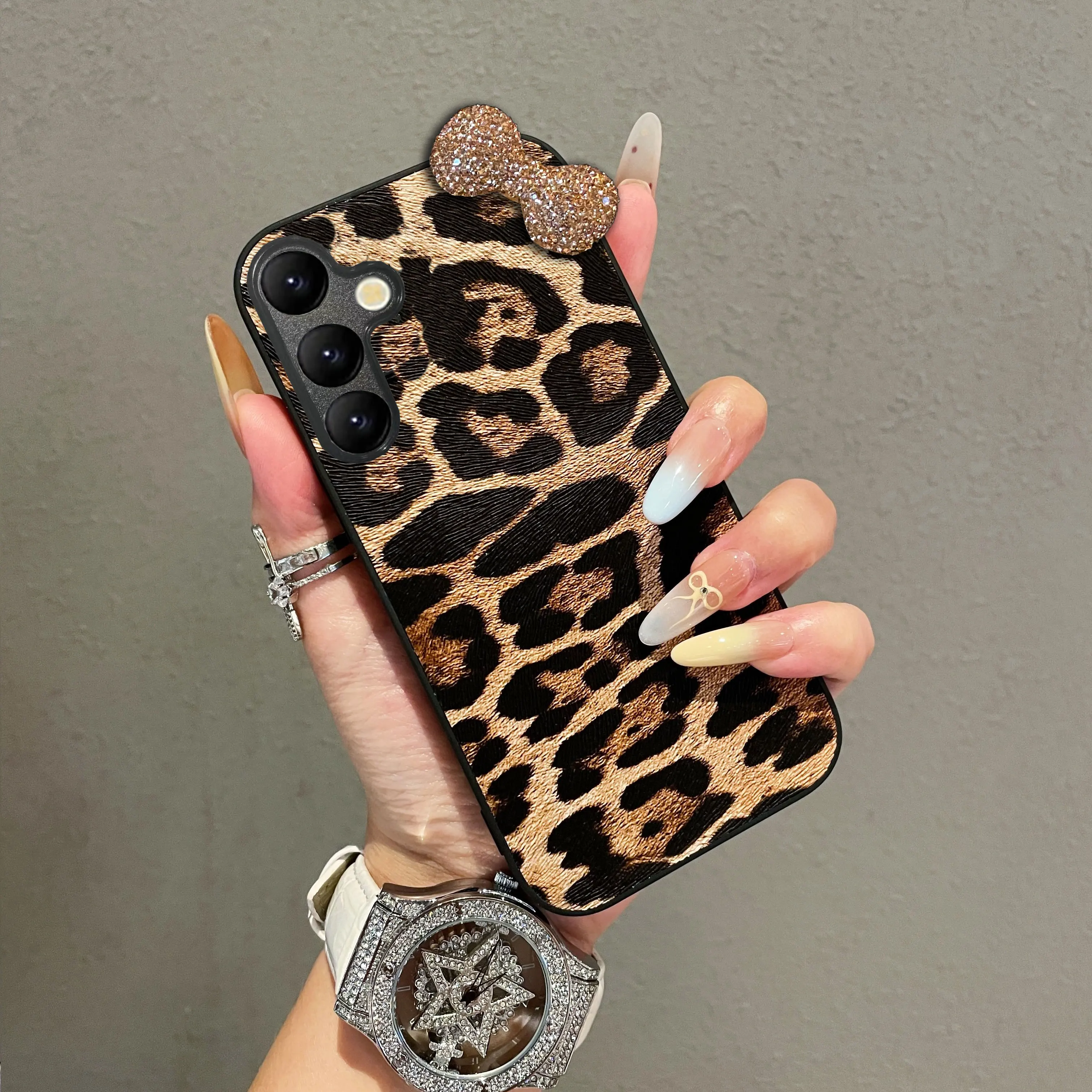 Luxury Leopard Leather 3D Diamond Bowknot Bling Phone Case Cover