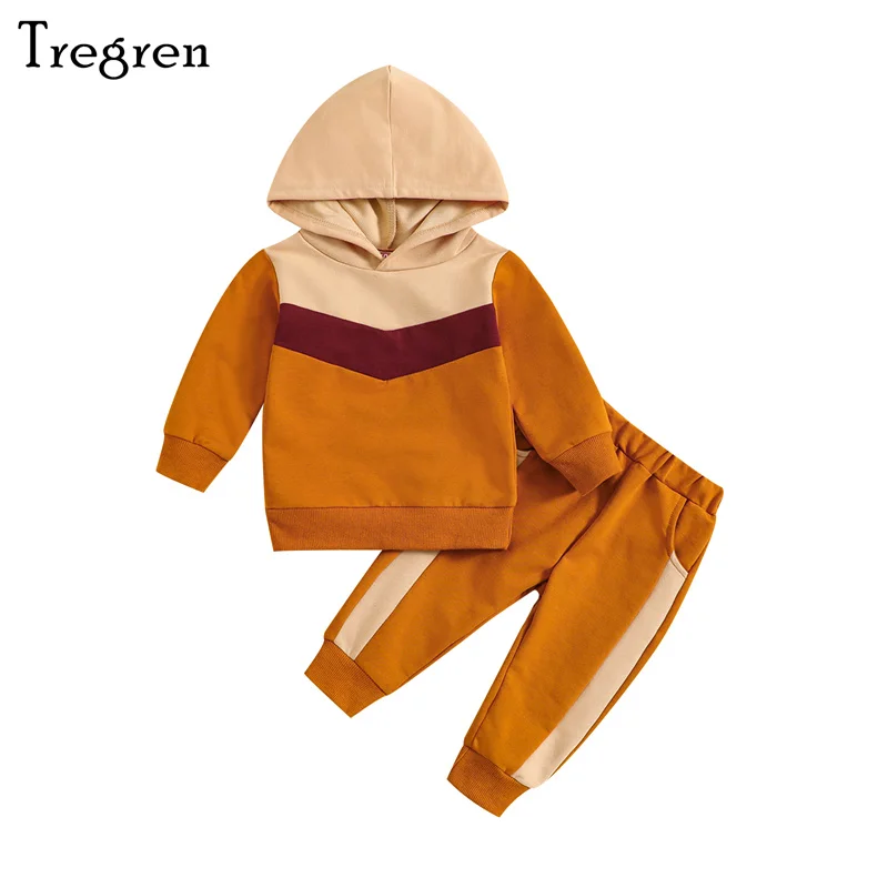 

Tregren Toddler Boys Hoodie Sets Casual Long Sleeve Contrast Color Hooded Sweatshirt Tops Elastic Band Pants Clothes Tracksuit