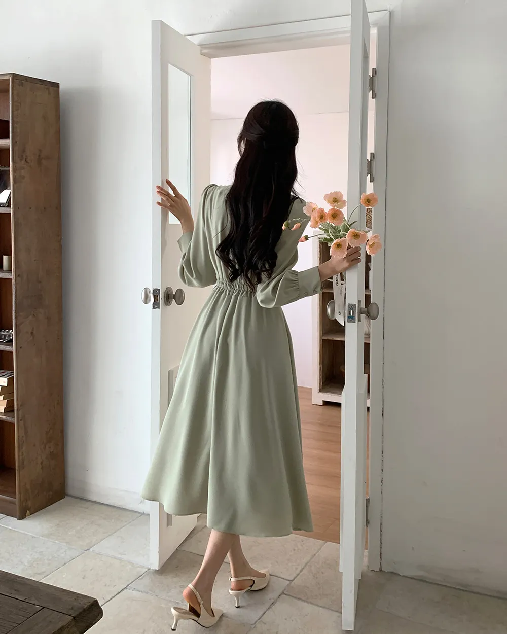 Korean Fashion Autumn Midi Dresses for Women Long Sleeves V-neck A-line Solid Casual Dress Office Lady Clothing New