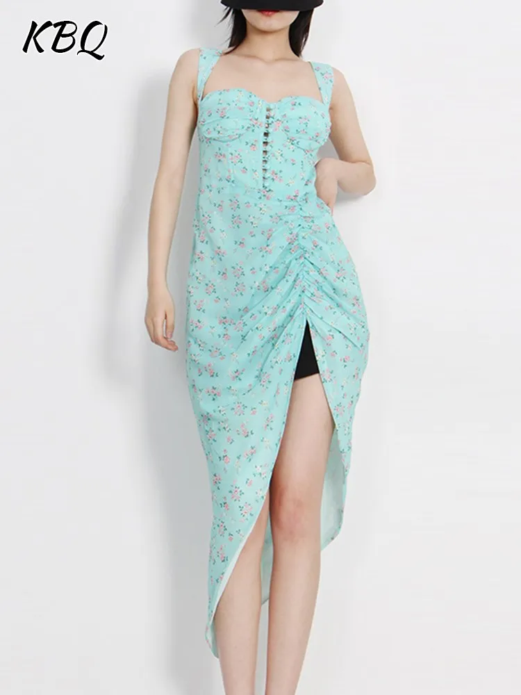 

KBQ Print Irregular Hem Split Dress For Women Square Collar Sleeveless High Waist Backless Hit Color Camisole Dresses Female New