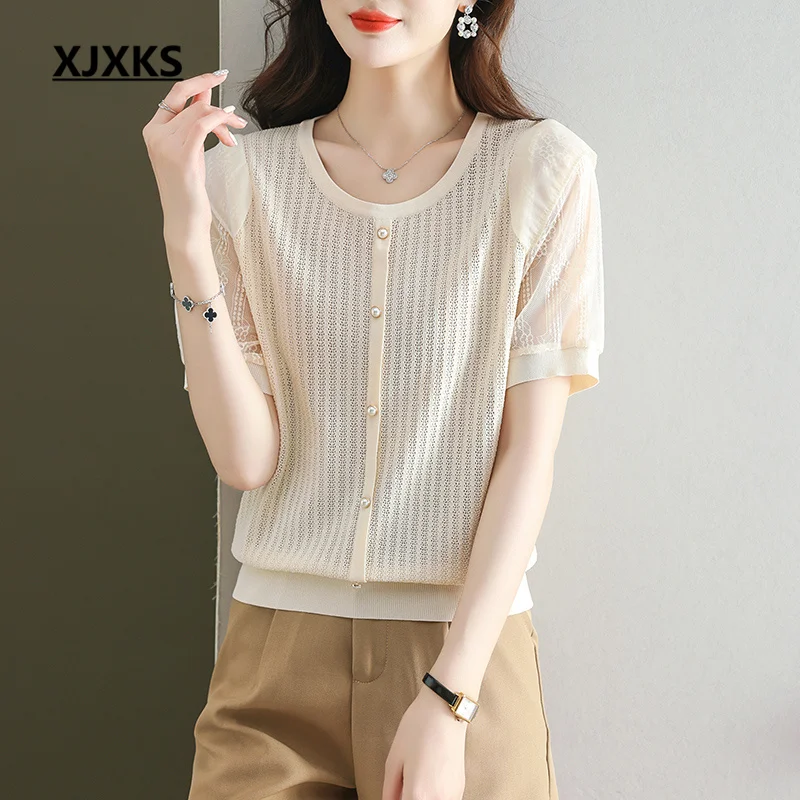 

XJXKS 2023 Summer New High-quality Mulberry Silk Knitted Thin Tops Comfortable Casual Sun Protection Women's T-shirt