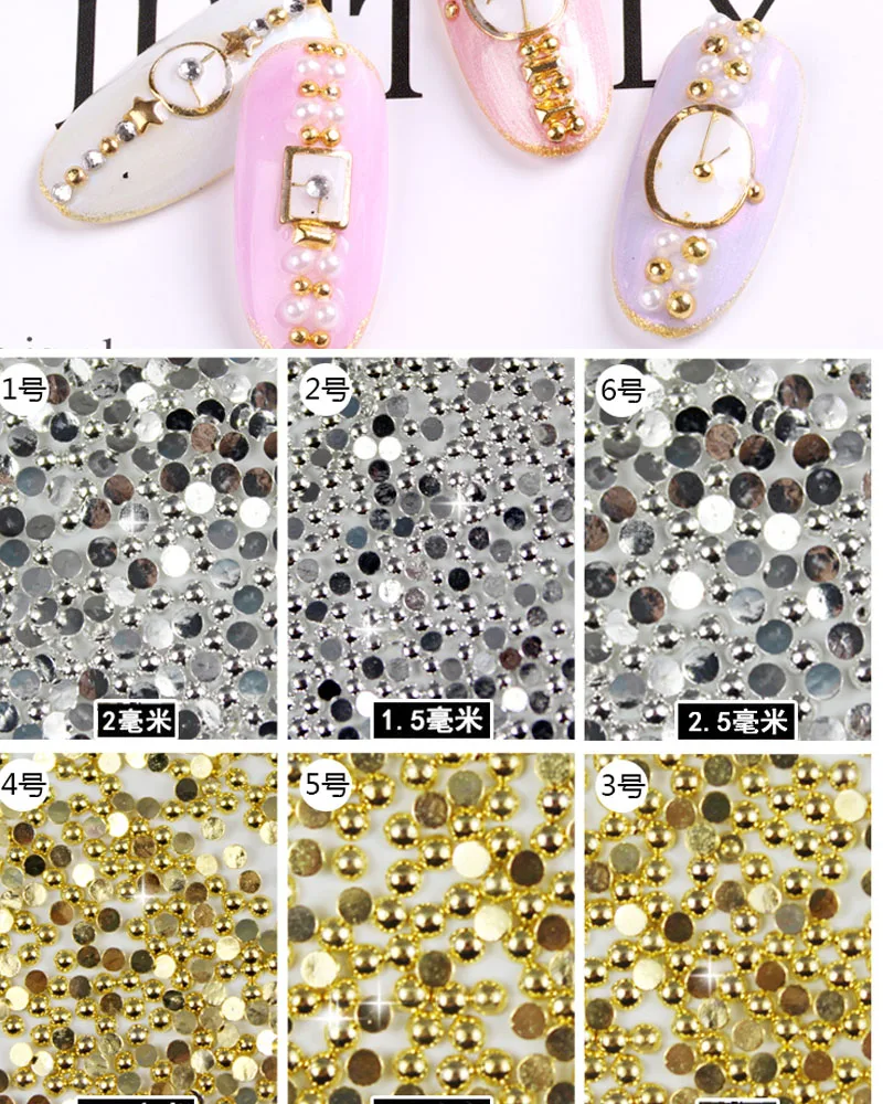 100pcs Punk Silver Pearl Beads Nail Art Charms 3D Half Round Flatback Nail Rhinestones Manicure Tips Crafts Nail Art Decoration 5