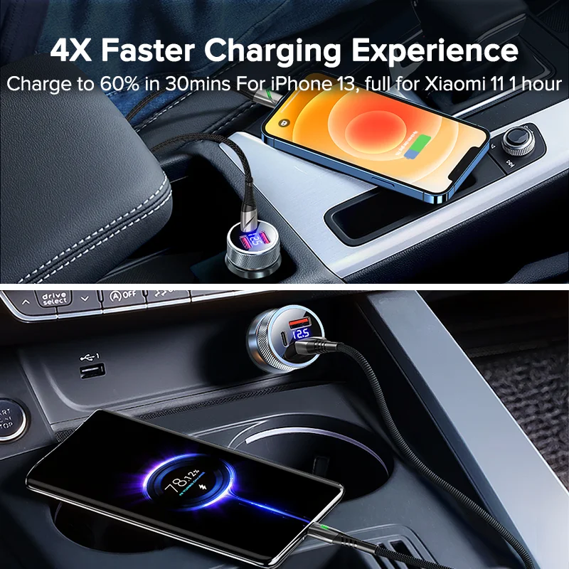 New 80W USB PD Car Charger 3 Ports Fast Mobile Phone Adapter Charger For iPhone iPad Xiaomi Huawei Samsung OPPO Digital Display