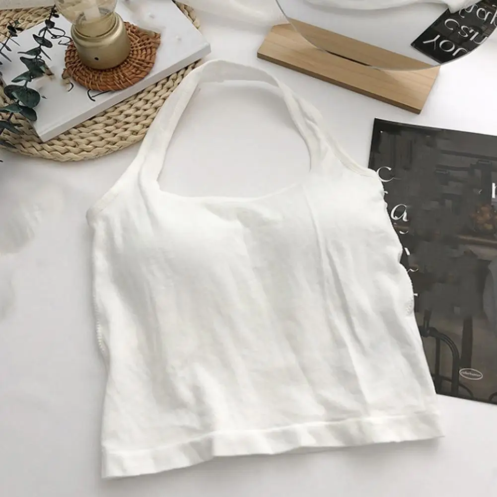 Neue weiße Halter Sexy rückenfreie Tank Tops Frauen Neck Neckholder Tank Top mit Brustpolster ärmelloses Neckholder Top Frauen – Detail 2