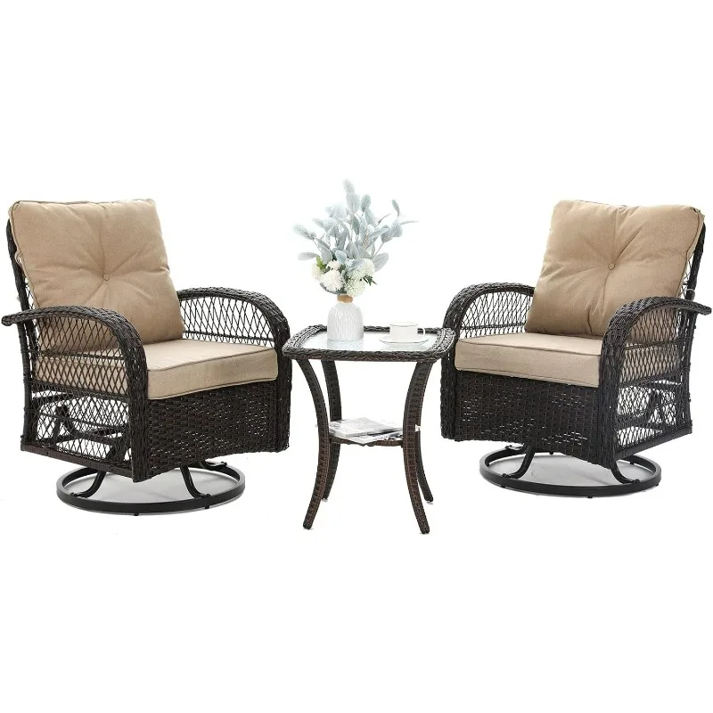 

3 Pieces Patio Furniture Set,Outdoor Swivel Glider Rocker,Wicker Patio Bistro Set W/ Rocking Chair,Thickened Cushions and Table