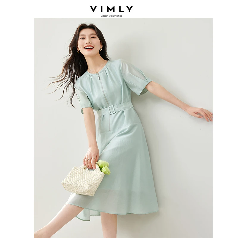 

VIMLY Solid Color Women Casual Dress 2024 Summer New Chic Zip Elegant O-Neck Commuter Nidi Dress With Belt M6378