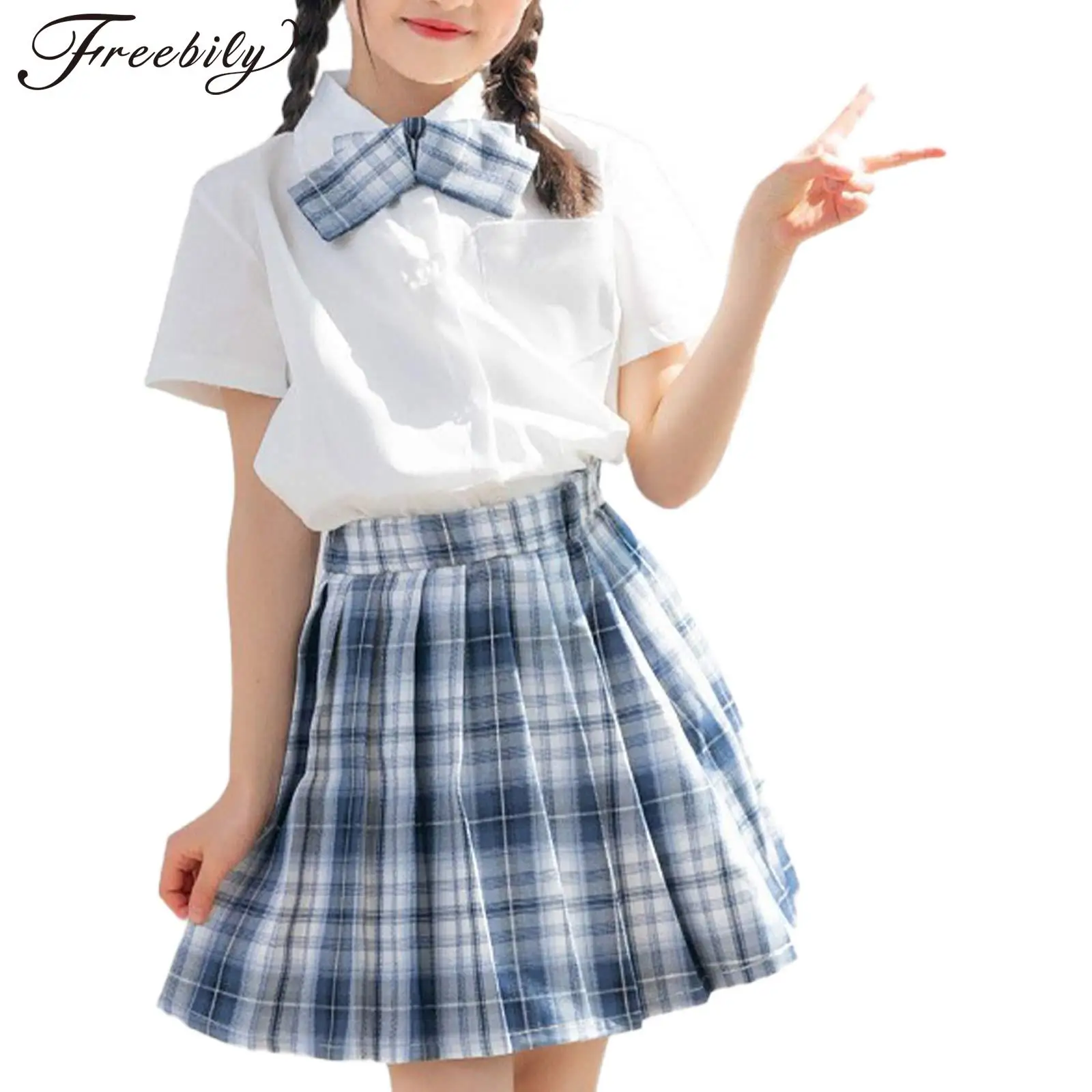 Conjunto de uniformes escolares para niños y niñas, camisa de manga corta con pajarita y Falda plisada a cuadros, traje JK de ropa de actuación para escenario - AliExpress