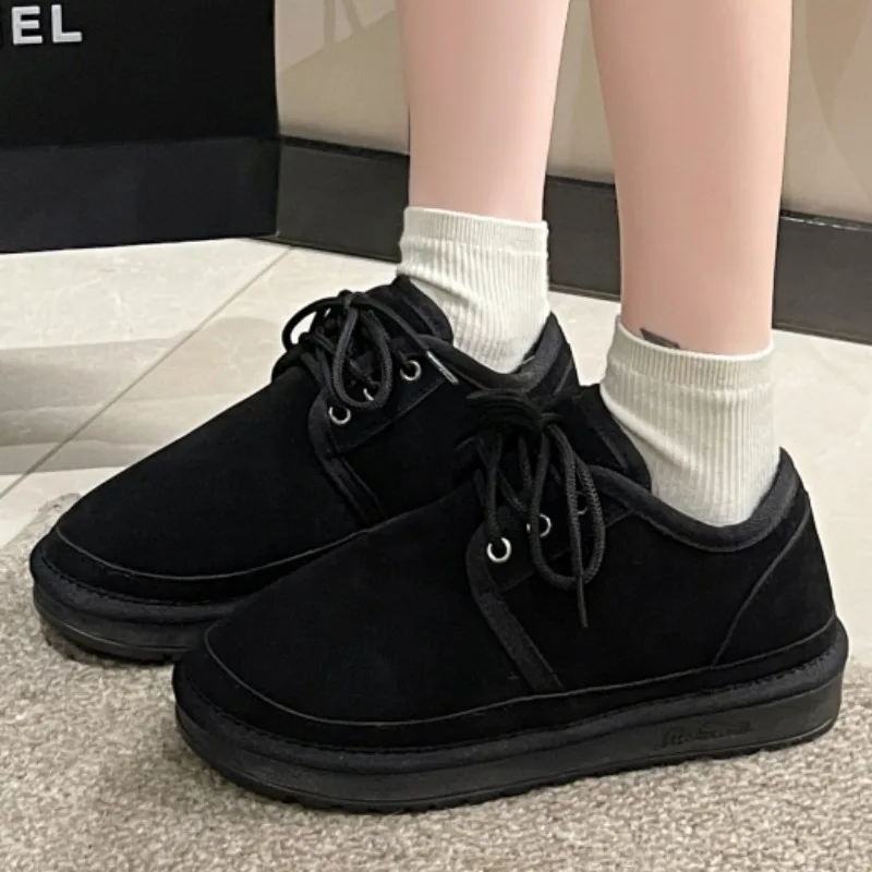 2023 Hot Sale Shoes for Women Lace Up Women's Boots Winter Plush Warm Round Toe Flock Ankle Boots Low-heeled Casual Snow Boots