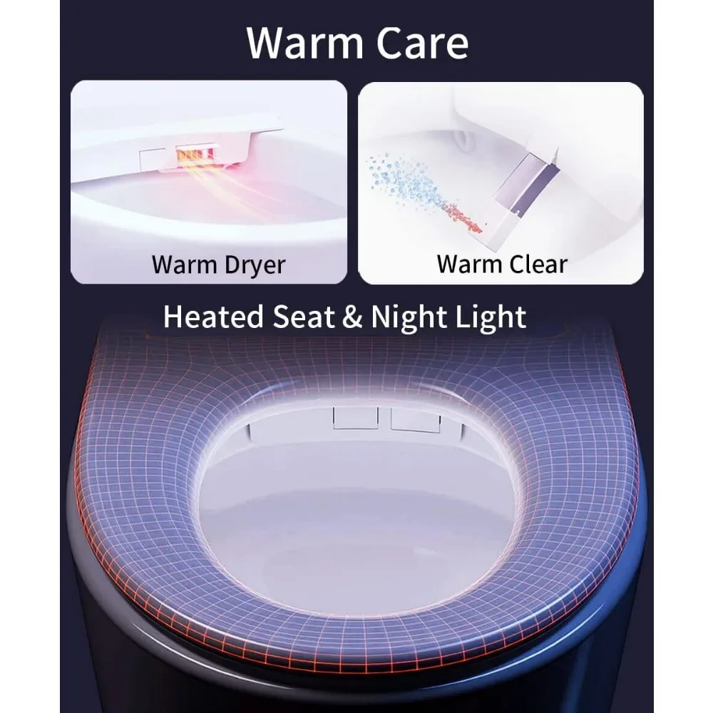 Smart Toilet Heated Seat with Auto Flush Foot Kick Flush Warm Wash，One Piece Toilet with Bidet Built in Night Light LED Display 4