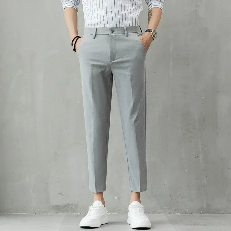 thumbnail image 1 of Pantalones de traje negros para hombre, pantalones rectos de verano para hombre, pantalones cortos, novedad en ropa de lujo, elegante, fina, informal, para el trabajo, baratos, 1 of 5