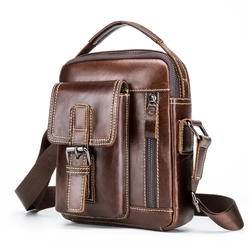 Cowhide Men's Small Bag Leather Single Shoulder Bag Men's Retro Casual Vertical Crossbody Bag MINI Handbag Solid Color Brown