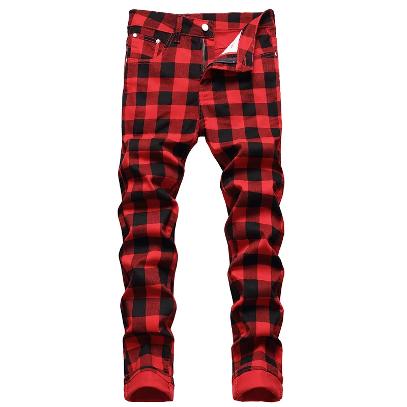 

Men's British Style Jeans Fashion Red Plaid Print Trend Trousers 2022 New Stretch Slim Denim Midrise Casual Pants