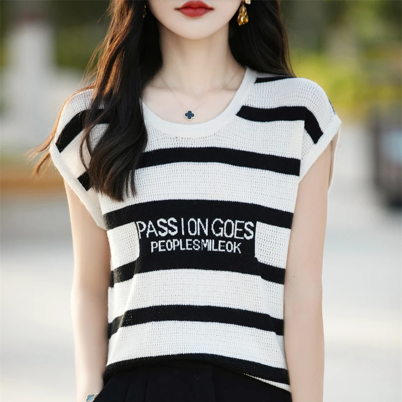 

2024 New Summer Thin Slim Striped Top Ice Silk Knitted Short-sleeved T-shirt Women's Shoulder Design Sense