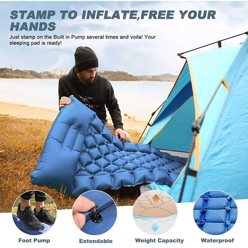 Matelas de couchage en polymère auto-gonflant avec oreiller pour 2 personnes,  double coussin d'air, lit de voyage, camping en plein air, randonnée -  AliExpress