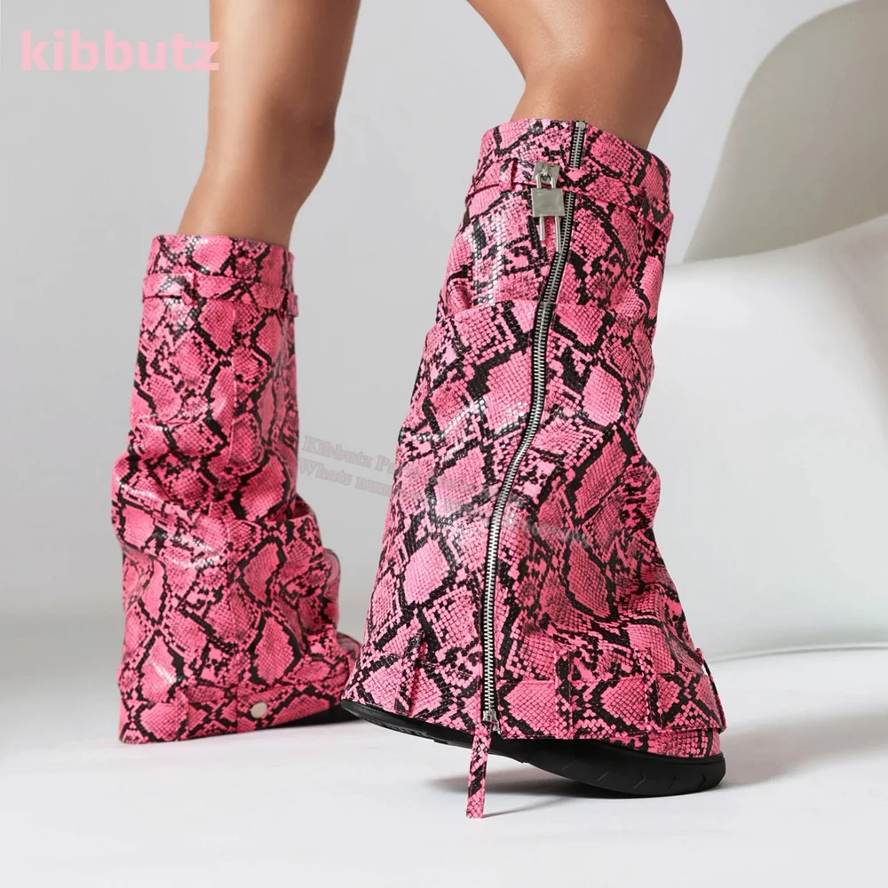 

Snakeskin Turned-Over Edge Knee-High Boots Round Toe Metal Lock And Zipper Platform Leather Super High Slip-On Shoes Sexy Newest