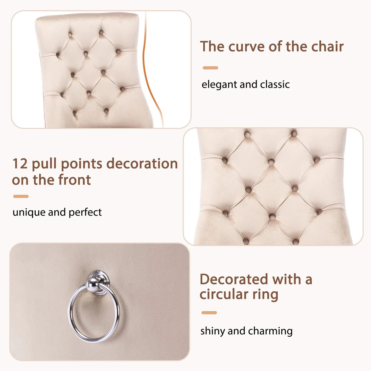 1 Pair of Elegant 4-foot Chair, Beige Velvet Dining Chair, High Backrest, With Button Padding, Solid Wood Frame, Beige – Detail 9