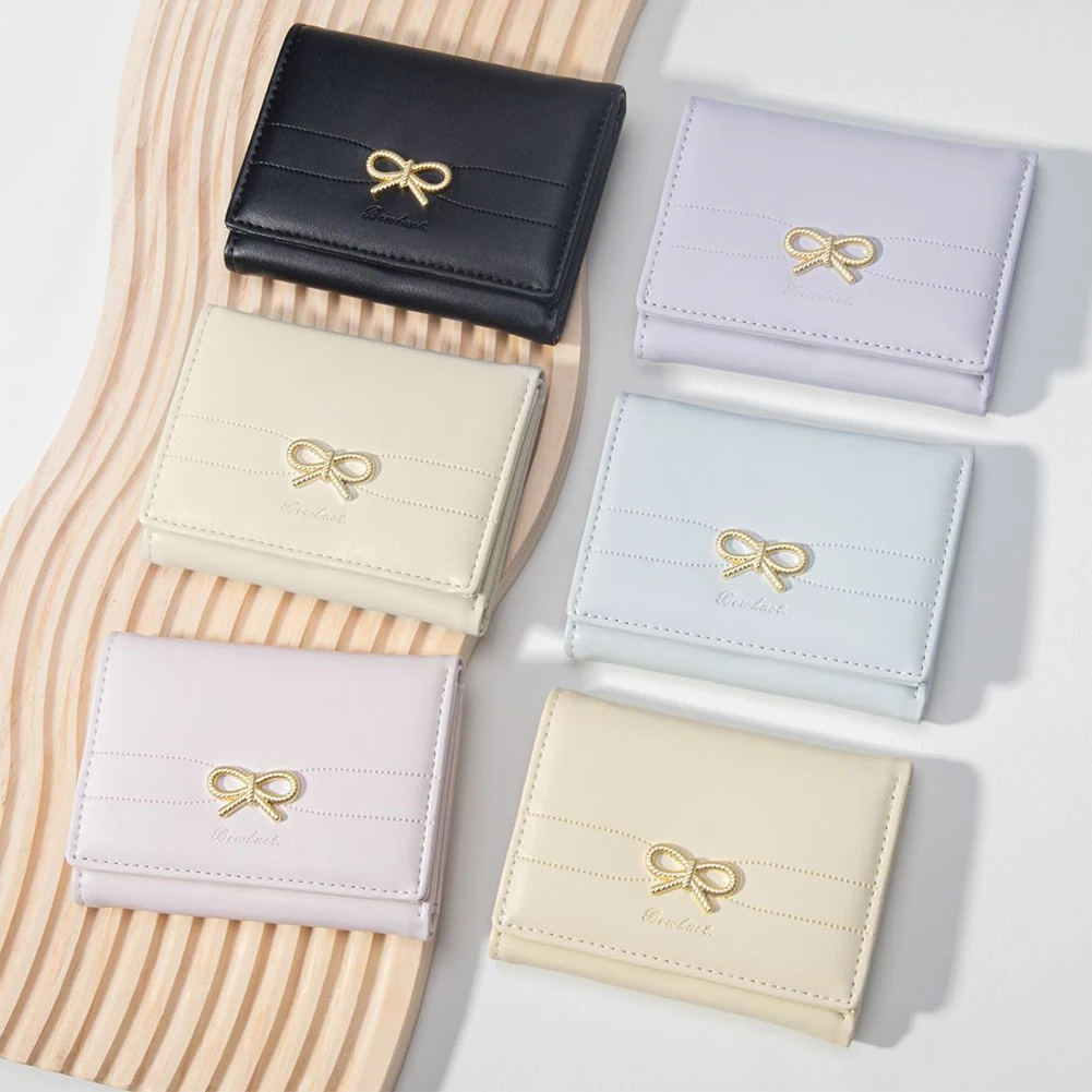 Women Bow Cute Coin Wallet Snap Closure PU Leather Card Bag Solid Color Short Wallet Bags Credit Card Holder Fashion Clutch Bag