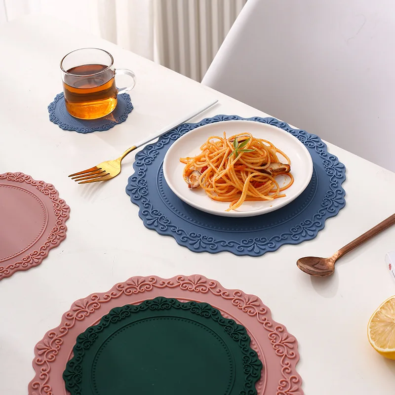 Silicone Placemat Round Flower Coffee Dinner Table Mat 34CM Embossed Pink  Coaster Heat Resistant Kitchen Tableware Dining Mat