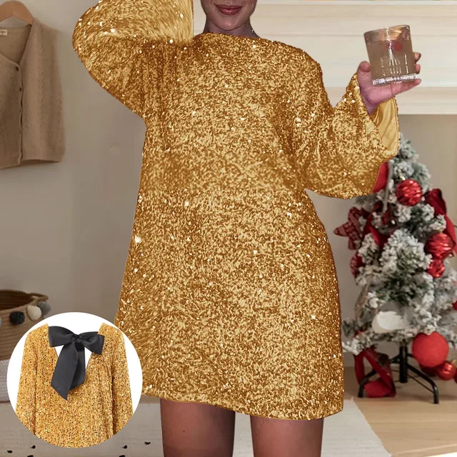 Autumn Winter New Round Neck Long Sleeved Mini Dress Loose Fit Oversized - Image 4