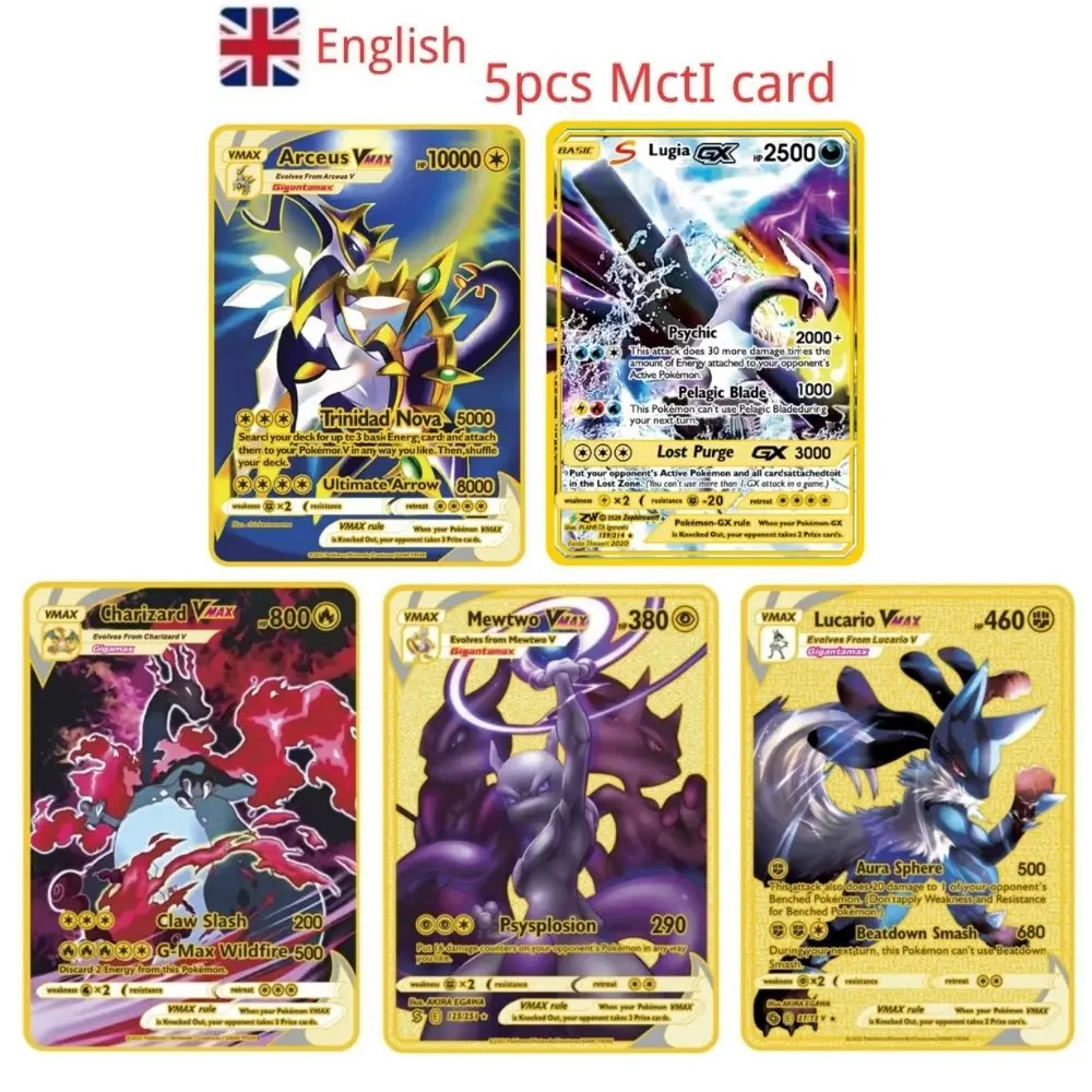 5PCS Pokemon Iron Cards Golden Metal Pokemon Shiny Letters Pikachu Mewtwo  Charizard Vmax Game Collection Card Anime Metal Gifts