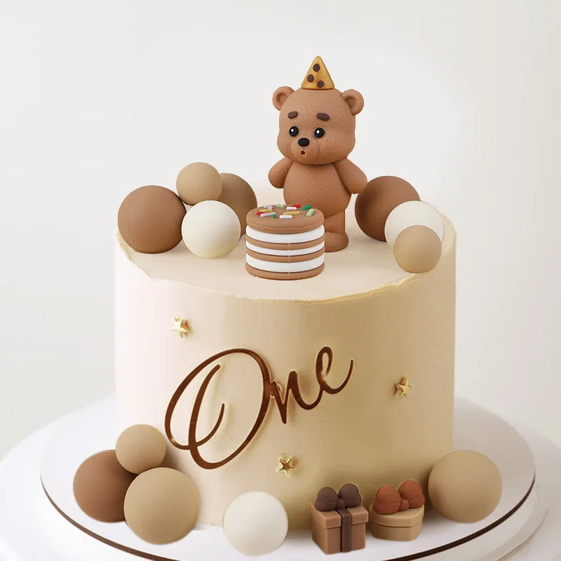 Cartoon Teddy Bear Cake Topper Mixed Balls Gift Boxes Cake DIY Decoration Kids Boy Girl 1st Birthday Party Supplies Baby Shower
