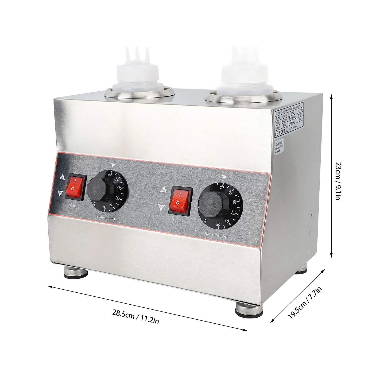 1300ml Commercial Sauce Warmer Cheese Dispenser Hot Fudge Warmer 30‑85&deg;C Temp Adjustable Double Bottles Nacho Cheese 320W