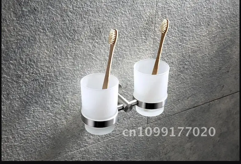 Double Toothbrush Cup Holder Sus304 Wall Steel Glass Wash Bathroom Accessories Cup Holder Mouthwash Stainless Mouth Set