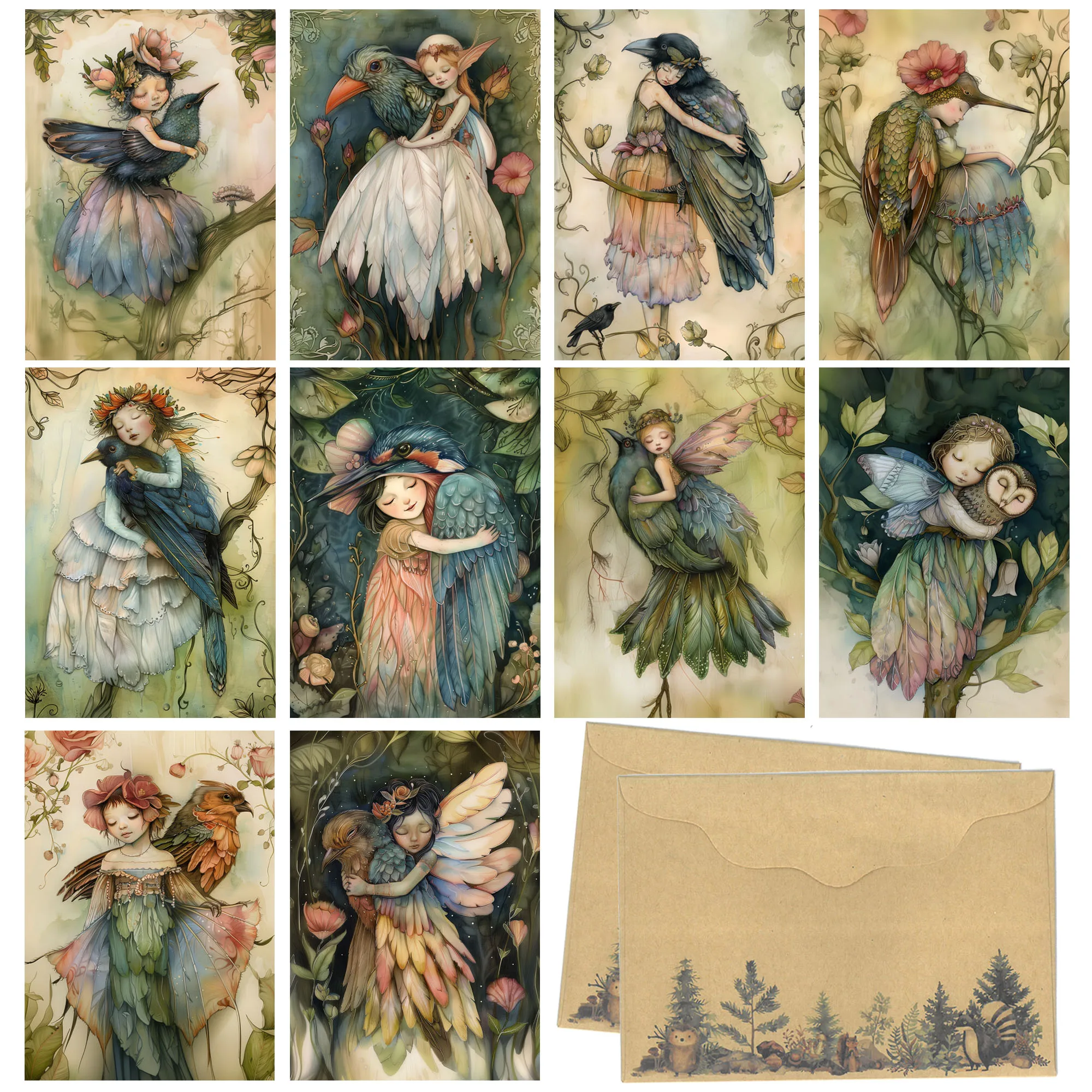 52-54pieces Forest Nymphs Hugging Animals DIY Writable Postcard Set with Envelopes and Stickers for Scrapbooking