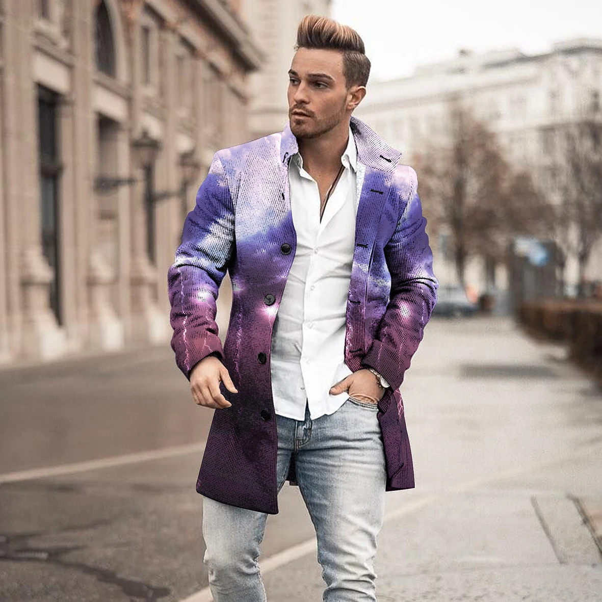 2023 New HD 3D Printing Mid length Coat Pocket Fashion Casual European and American Autumn and Winter New Men's Jacket S-5XL