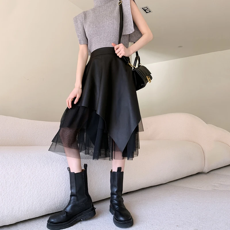 

2023 High quality Leather Skirt Women's Fashion Medium Long Spring Concise Casual Sheepskin Organza Splicing Pleated Umbrella Sk