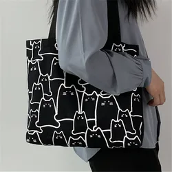 Chic Cat Design Canvas Tote Bag for Women - Fashionable Zippered Shoulder Shopper (Black)