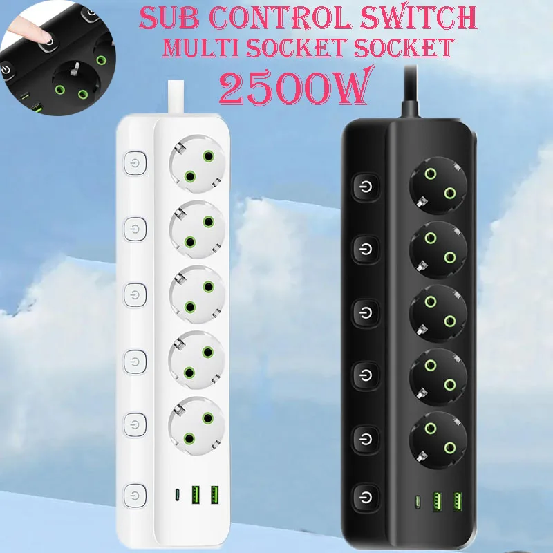 EU Plug Electrical Socket 3/5 AC Outlets+2 USB+1Type C 8-in-1 Adapter Multitap Fast Charging Power Strip With 2M Extension Cord