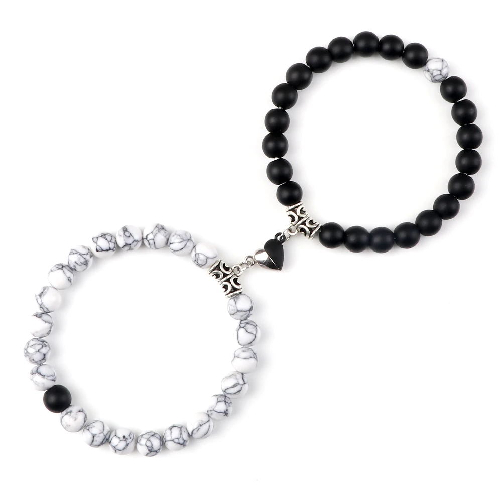 Conjunto de pulsera de Yin Yang para hombre y mujer, brazalete de amor con imán en forma de corazón de piedra Natural de 8mm, joyería de moda para regalo