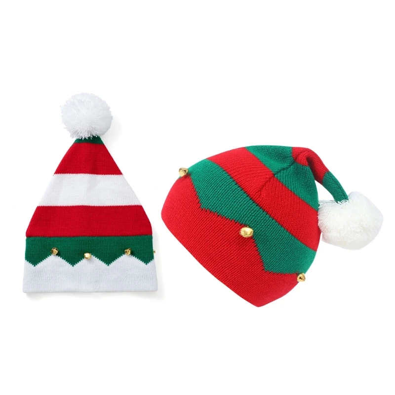 

Рождественская вечеринка Вязаная шапка с колокольчиками Красочная полосатая шапка-бини Рождественское украшение HXBA