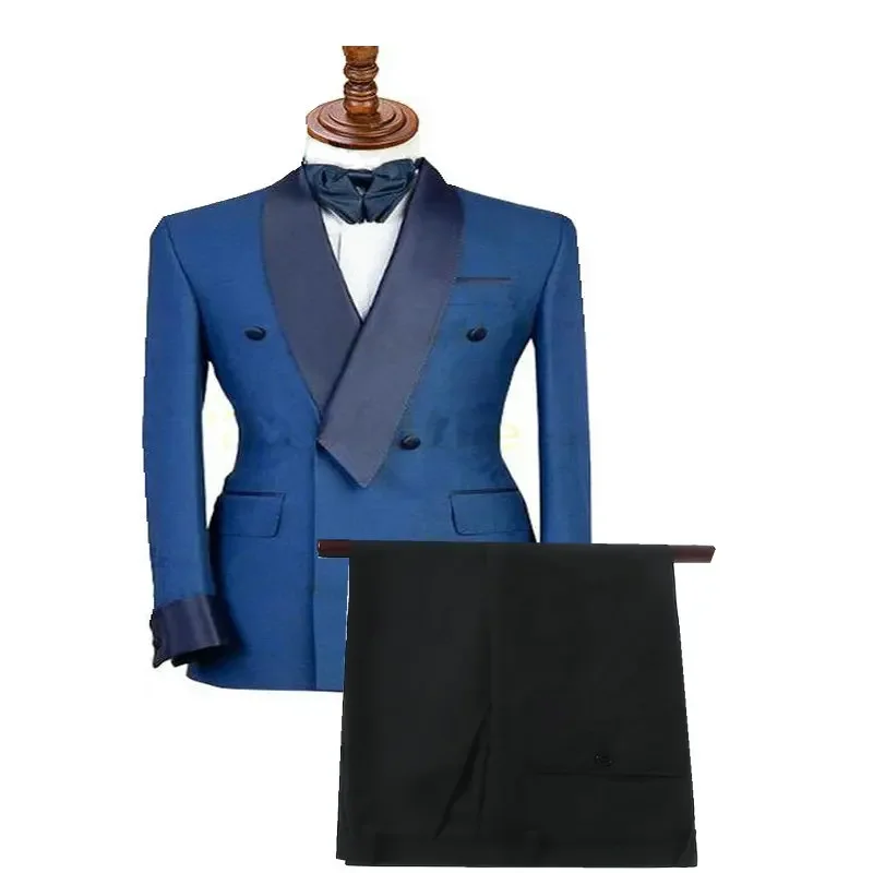 Men's Slim Fit Formal Suits Light Blue Double Breasted with Pants Navy Blue Shawl Lapel Custom Made Wedding Tuxedo Suit