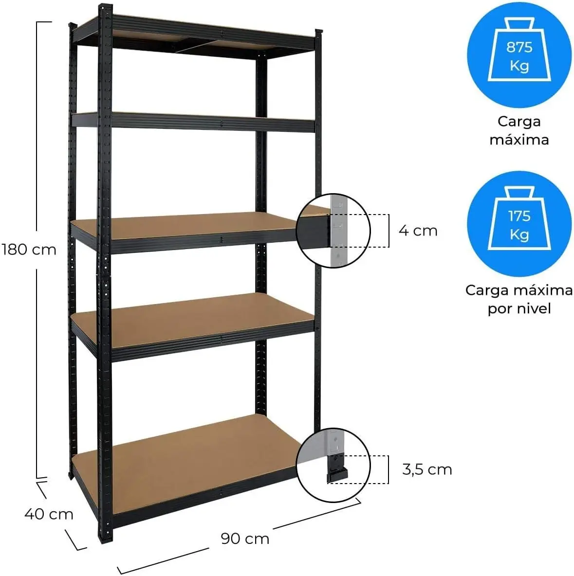 Set de 2 Estanter&iacute;as Met&aacute;licas Galvanizadas Color Negro 875Kg 5 Baldas modulares 180 x 90 x 40cm