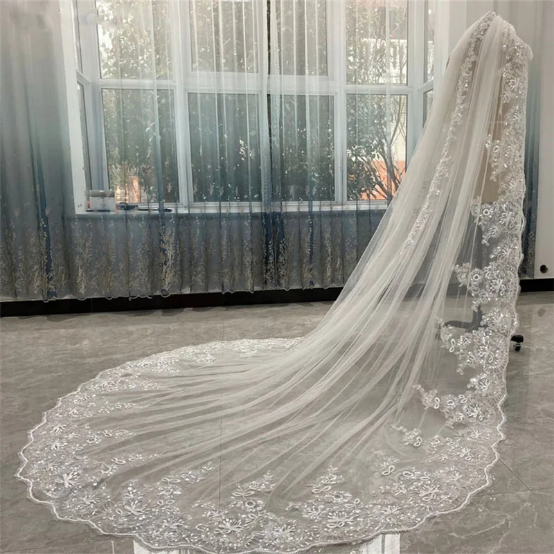 Luxury Cathedral Length Bridal Veils One Layer White or Ivory 3m  3. 5 Meters 4m 5m Long Wedding  Veil for Bride with Metal Comb