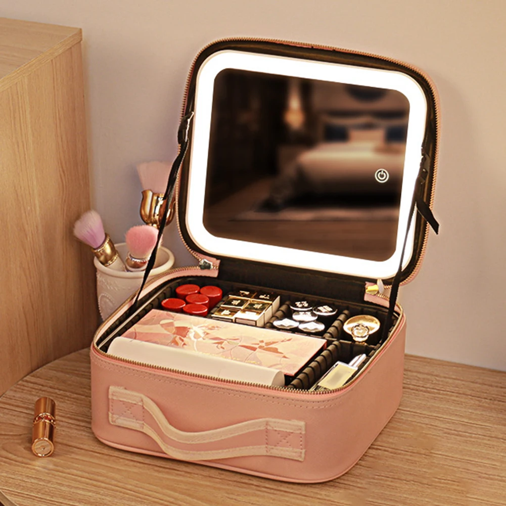 Smart LED Cosmetic Case with Mirror Storage Bag Portable Large Capacity  Fashion Simple PU Leather Casual for Weekend Vacation