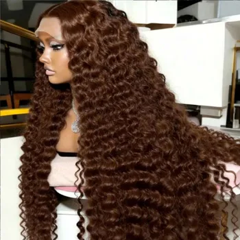 Chocolate Brown Deep Wave Lace Front Wigs Human Hair 13x4 Hd Curly Lace Frontal Wigs For Women 4# Brown Lace Frontal Wig 1