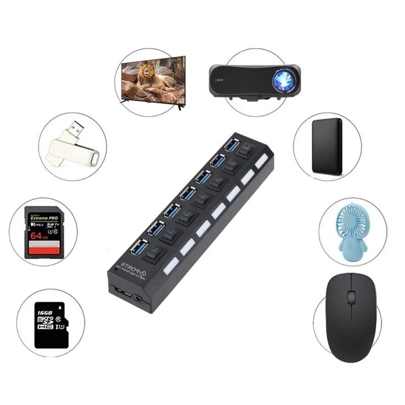 USB Hub GRWIBEOU USB 3.0 Hub Use Power Adapter Multi Splitter 7 Port Multiple 3 Hab Expander with Switch for PC