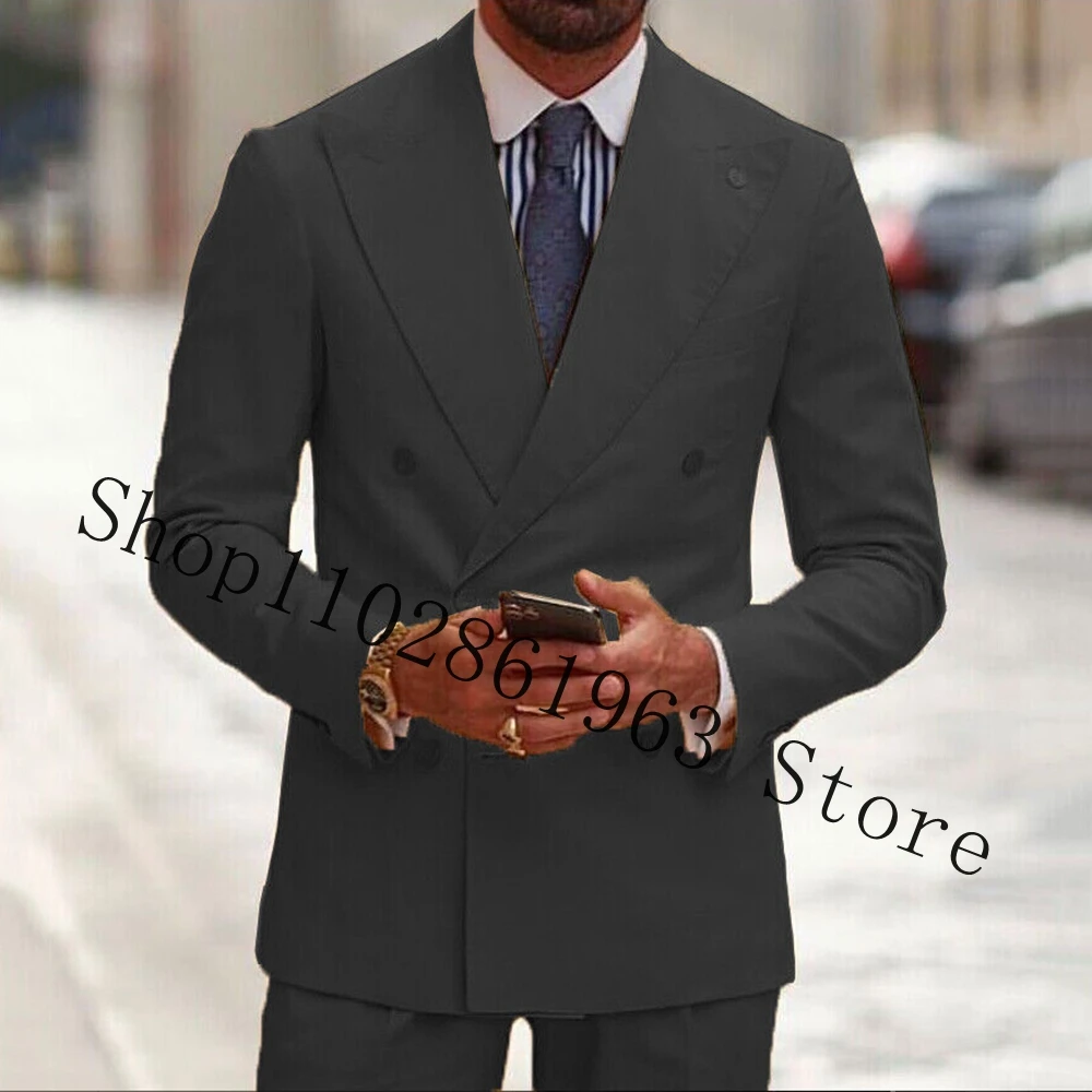 Navy Blue 2 Pieces Men Suits Slim Fit Peak Lapel Double Breasted Formal Groomsmen Wedding Tuxedos Blazer Pants Costume Homme