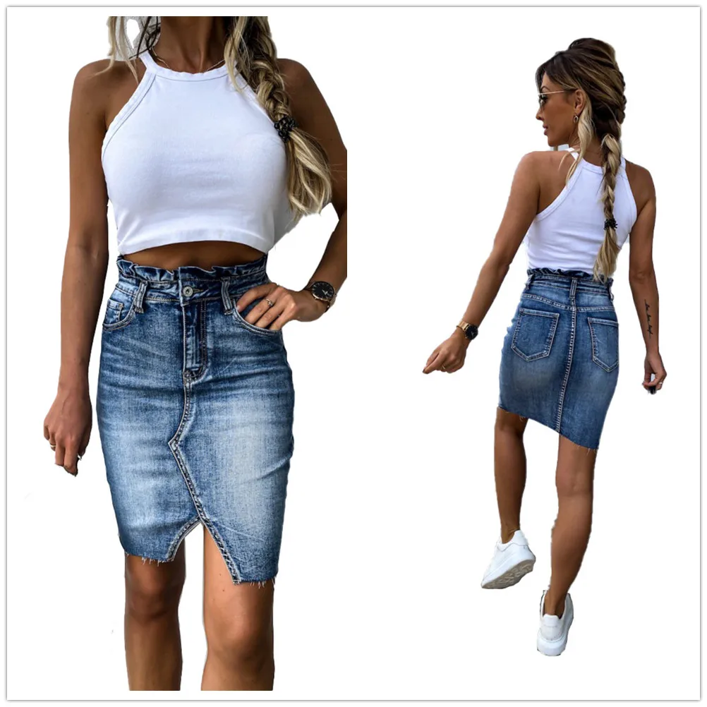 

2022 Summer New Fashion Ruffled Denim Skirt High Stretch Slim Pack Hips Jeans Mini Skirt Street Casual Clothing S-XL